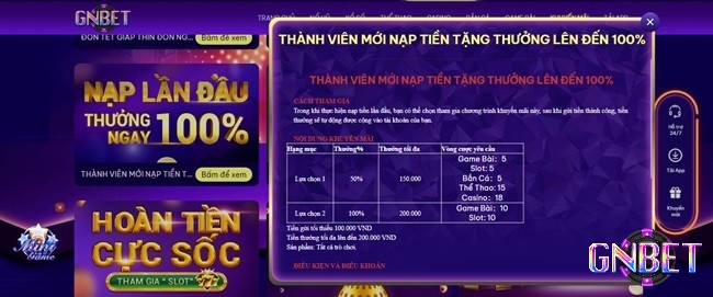 Nhận thưởng 100% tối đa 200.000 VNĐ khi nạp tiền lần 2 tại Gnbet