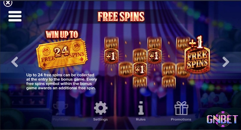 Kích hoạt tới 24 vòng quay miễn phí trong Respin Circus slot